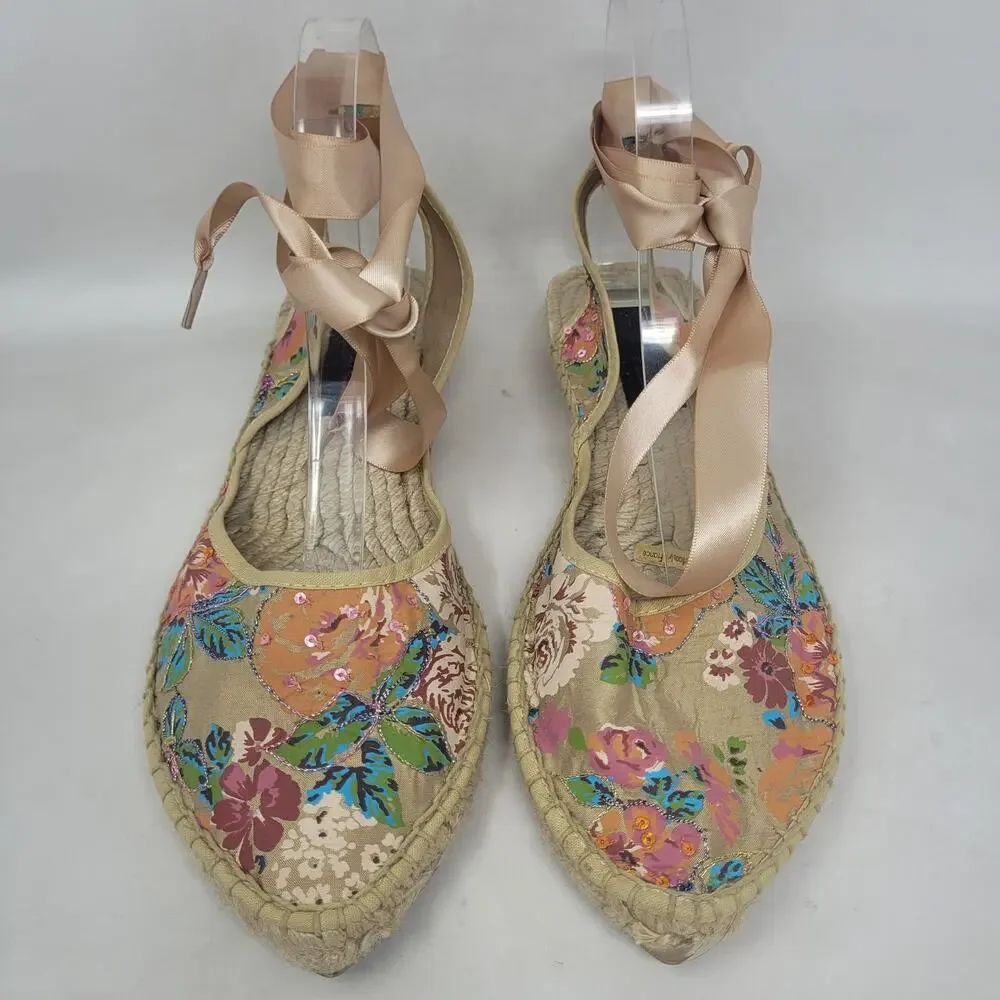 Marmi Sandals 10 Floral Espadrille Sequin Ribbon Tie Wedge Boho Floral Summer